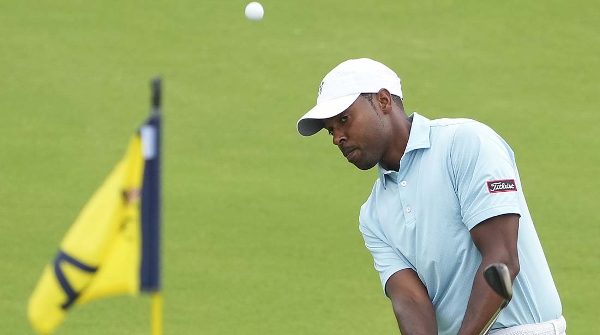 Wyatt Worthington II chips up to a green during a practice round in the 2022 PGA Championship.